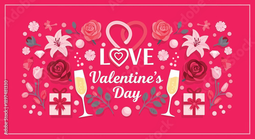 A vibrant Valentine's Day graphic with flowers, champagne, and gifts on a pink background
