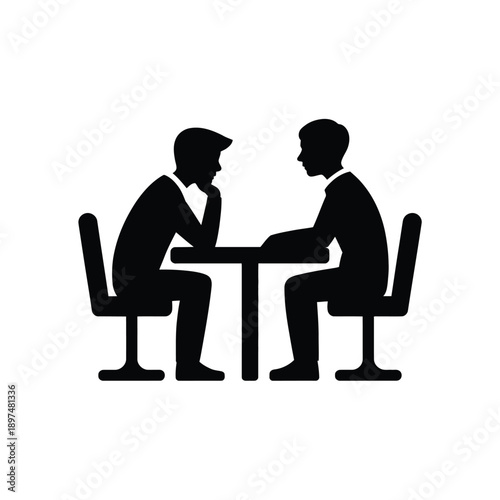 Two businessmen engaged in a serious discussion across a table isolated on white background, Vector, illustration