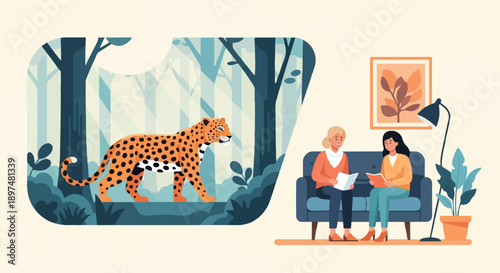 Two women sit on a sofa discussing a book, while a leopard walks in a forest