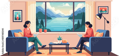 Two women relax by a large window with a scenic lake and mountain view