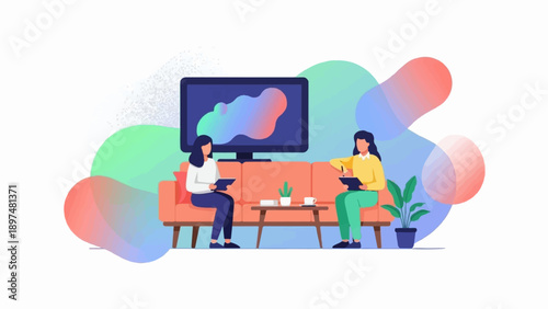 Two women sit on a sofa, looking at tablets, with a TV and plant in a colorful room