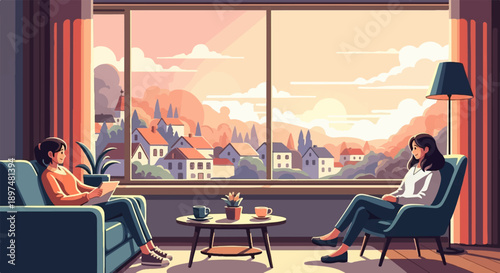 Two women relax in a cozy room overlooking a picturesque sunset town