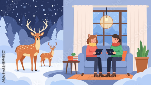 Two women in a cozy room, while deer roam outside in a snowy forest