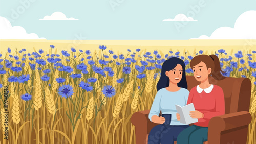 Two women relax in an armchair amidst a field of cornflowers and wheat