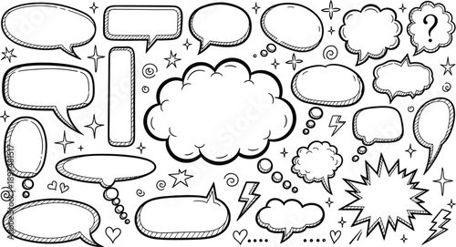 Comic speech bubbles and thought clouds with stars hearts and lightning bolts on white background for creative expression