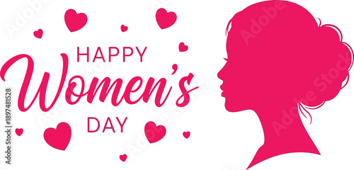 Happy women's day celebration with pink silhouette of a woman and hearts on white background