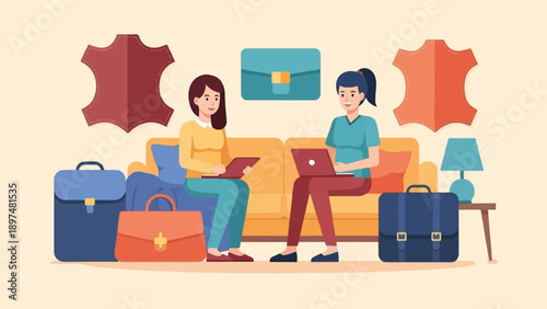 Two women working on laptops and tablets in a cozy room with leather samples