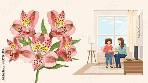 Two women sitting on a couch, one talking to the other, with flowers