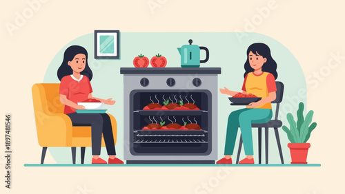 Two women in a kitchen, one seated in a chair, the other on a couch, with food in the oven
