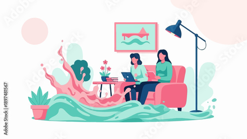 Two women in a cozy room with abstract watery elements