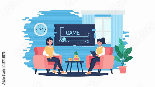 Two women relax in armchairs in a room with a game displayed on a TV