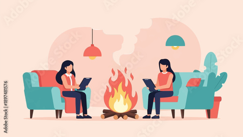 Two women sitting on couches, looking at tablets by a fireplace