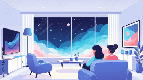 Two women in a living room watch a colorful, starry sky at night through a large window