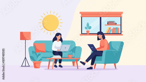 Two women working on laptops in a bright, modern living room