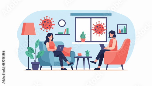 Two women in a living room using laptops with virus icons floating around