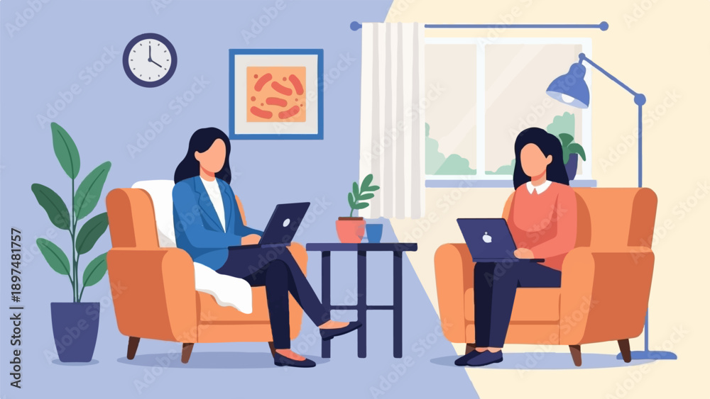 Fototapeta premium Two women working on laptops in cozy armchairs at home