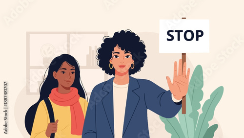 Two women stand with one holding a stop sign