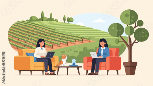 Two women working on laptops in a serene vineyard setting with their dog
