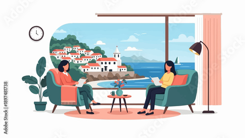Two women relax in armchairs reading by a scenic coastal village window