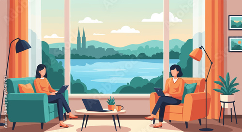 Two women working on laptops in armchairs by a large window overlooking a lake