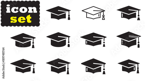 Graduation Hat Icon Set, Editable Solid Vector Illustration