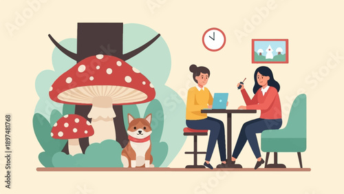 Two women working on laptops near a mushroom forest with a dog