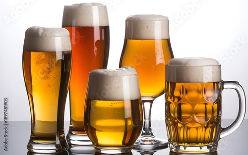 Two glasses of beer with frothy foam on a dark background.