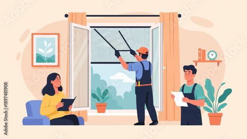 Two workers install a window screen as a woman reads nearby