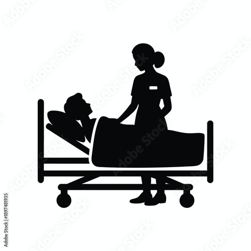 A dedicated nurse attending to a patient in a hospital bed. isolated on white background, Vector, illustration