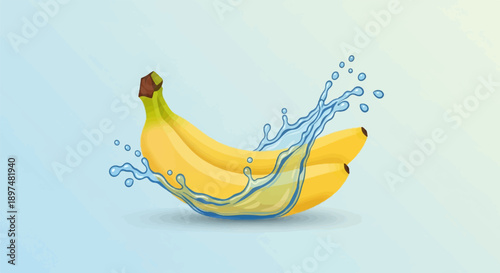 Two yellow bananas with water splashes