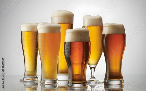  glasses of beer with frothy foam on a dark background.