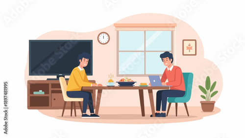 Two young men sit at a dining table with food and a laptop in a modern room