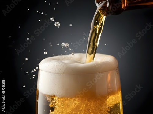 Beer being poured into a glass with foamy splash, dark moody background, high-speed photography, realistic lighting.