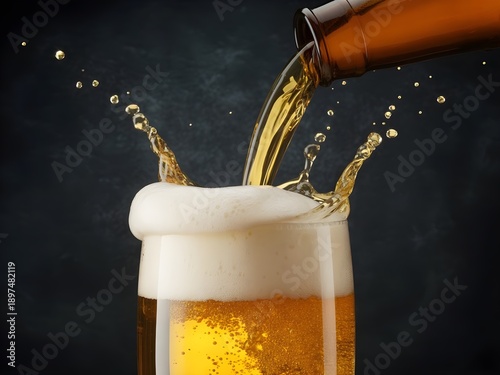 Beer being poured into a glass with foamy splash, dark moody background, high-speed photography, realistic lighting.