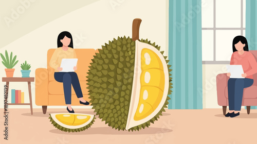 Two women relax indoors with large durian fruit and plants, reading