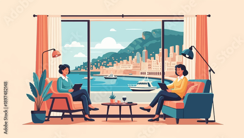 Two women relax indoors with tablets, enjoying a waterfront city view