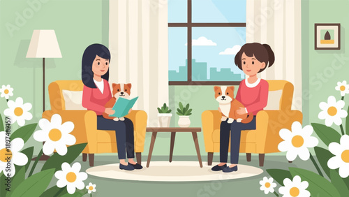 Two women relax indoors with their corgi dogs, surrounded by flowers