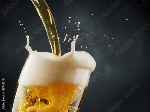 Beer being poured into a glass with foamy splash, dark moody background, high-speed photography, realistic lighting.