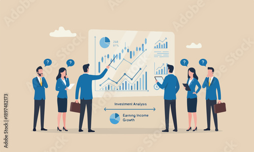 Businessma diagram, stock market exchange data, investment analysis, growth earning income concept, businessman thinking with data chart and graph
