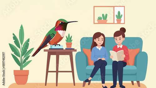 Two women relax on a couch while a hummingbird perches on a table nearby