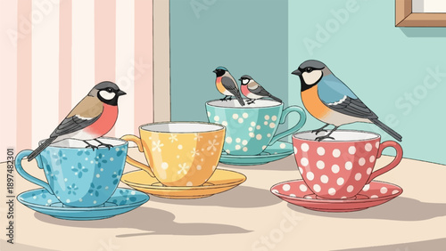 Various small birds perched on and inside decorative teacups on a table