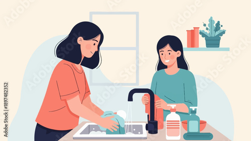 Two women washing dishes together at a sink, with cleaning supplies nearby