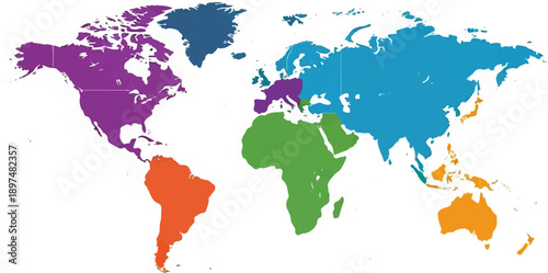 A colorful world map with continents divided into distinct regions by color