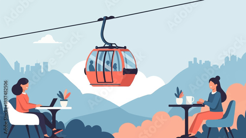 Two women work and relax at cafe with cable car passing over city
