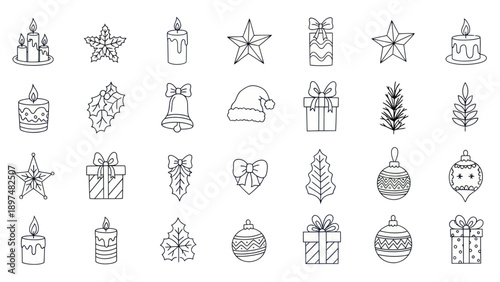 Christmas Icons Set: Candles, Gifts, Stars, Bells, Trees, Baubles, Santa Hat, Holly