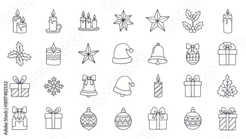 Christmas Icons Set: Candles, Stars, Holly, Bells, Gifts, Snowflakes, Ornaments