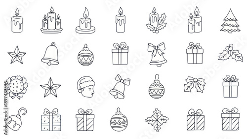 Christmas Icons Set: Festive Ornaments, Gifts, Bells, Candles, Stars, Holly, Snowflakes