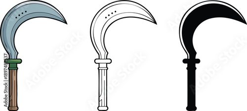 Sickle silhouette & Outline and illustration set isolated on transparent background