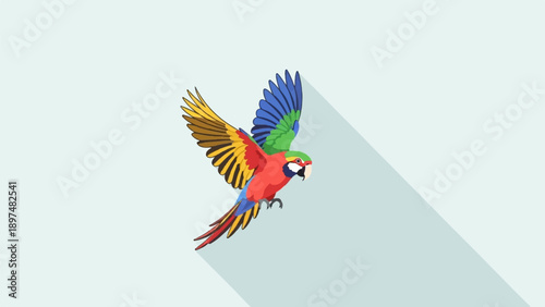 Vibrant parrot soaring across a minimalist pale blue background