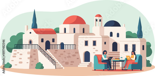 Two women work on laptops and tablets in front of a village